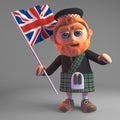 Cartoon 3d Scottish man in kilt and sporran waving a Union Jack British flag, 3d illustration Royalty Free Stock Photo