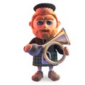 Cartoon 3d Scottish man with red beard and kilt holding an old antique car horn, 3d illustration
