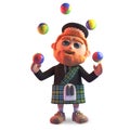 Cartoon 3d Scottish man with red beard and tartan kilt juggling balls, 3d illustration
