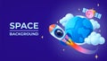 Cartoon 3d space banner. Universe plastic elements, earth planet, satellite and flying spaceship. Cosmic adventures Royalty Free Stock Photo