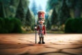 Cartoon 3D tin soldier standing on a garden path holding a lance