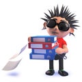 Cartoon 3d vicious punk rock character carrying folders and dropping files