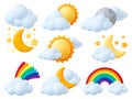 Cartoon 3d weather elements. Sun moon and stars, rainbow and fluffy clouds. Nature plasticine objects, render style