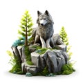 Cartoon 3d wolf on the stone