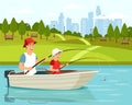 Cartoon dad and son sitting in boat and fishing Royalty Free Stock Photo