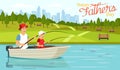 Cartoon dad and son sitting in boat and fishing Royalty Free Stock Photo