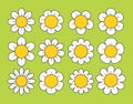 Cartoon Daisy Flowers Set Isolated On Green Background. Small, Delicate Blooms With White Petals And Yellow Center Royalty Free Stock Photo