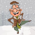 Cartoon dancing cheerful man in winter city