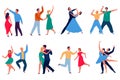 Cartoon dancing couples. Different dancers performing, happy persons in stage outfits, funny cartoon characters, men and Royalty Free Stock Photo