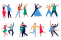 Cartoon dancing couples. Different dancers performing, happy persons in stage outfits, funny cartoon characters, men and women, Royalty Free Stock Photo