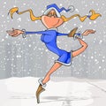 Cartoon dancing funny snow girl in winter city