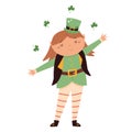 Cartoon dancing leprechaun girl in traditional costume and top hat