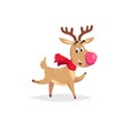 Cartoon dancing or running reindeer with scarf and big red nose. Vector Christmas illustration for greeting card and invitations. Royalty Free Stock Photo