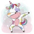 Cartoon dancing Unicorn on a pink and blue background