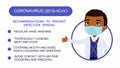 Cartoon dark skin man in an office suit points to a list of recommendations for protection against coronavirus.