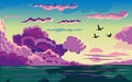 Cartoon dawn sky with pink and blue clouds. Beautiful cloudy landscape at sunset. Fluffy cumulus clouds flying over the