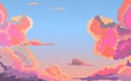 Cartoon dawn sky with pink and blue clouds. Beautiful cloudy landscape at sunset. Fluffy cumulus clouds flying over the