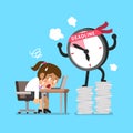 Cartoon deadline clock character and businesswoman