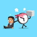 Cartoon deadline clock character dragging businessman