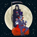 Cartoon Death skeleton and Dracula vampire on full Moon background