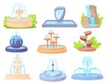 Cartoon decorative fountains. Outdoor isolated fountain with water jet or cascade bowl waterfalls, summer ornament decor