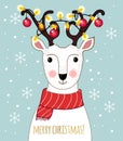 Cartoon deer with awesome decorated antlers, Christmas balls and garland. Lovely winter concept design in vector. Sweet