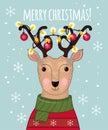 Cartoon deer with awesome decorated antlers, Christmas balls and garland. Lovely winter concept design in vector. Sweet