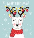 Cartoon deer with awesome decorated antlers, Christmas balls and garland. Lovely winter concept design in vector. Sweet