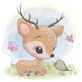 Cartoon deer with bird on the meadow