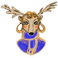 Cartoon deer in blue scarf, knitted sweater, golden earrings