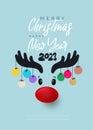 Cartoon deer with Christmas Ornaments balls. 2023 Happy new year. Deer with christmas decorative balls. Christmas balls made by