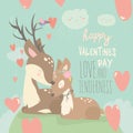 Cartoon deer couple with hearts balloons. Happy valentines day Royalty Free Stock Photo