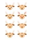 Cartoon deer emotions set. Smiling, bored, enamored, sleepy, sad, crying and other deer`s emotions collection.