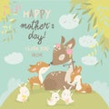 Cartoon Deer family. Mother and baby. Cute animals for Mothers Day. Animals mom and baby.