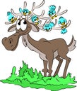 Cartoon deer standing happily with lots of blue birds on his horns vector illustration Royalty Free Stock Photo