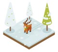 Cartoon deer walking winter wood forest isometric 3d flat design vector illustration