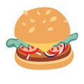 Cartoon Delicious hamburger icon. Vector drawing of a hamburger with cheese, tomatoes, lettuce, onion, cucumber and sesame seeds Royalty Free Stock Photo
