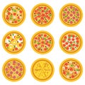 Cartoon delicious pizzas with different ingredients. Traditional Italian dish or fast food concept. Flat vector for