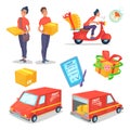 Cartoon delivery concept objects set. Fast delivery van and scooter. Delivery man. Vector illustration Royalty Free Stock Photo