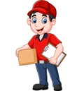 Cartoon delivery courier holding clipboard and cardboard boxes