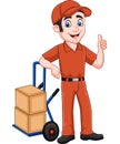 Cartoon delivery man leaning on packages and giving a thumb up Royalty Free Stock Photo
