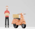Cartoon delivery man in red uniform with motorbik