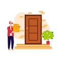 Cartoon delivery man standing by front door with cardboard box stack Royalty Free Stock Photo