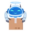 Cartoon delivery robot drone. Flying shipping drone, logistic service aerial quadcopter, drone carrying package flat vector