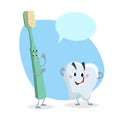 Cartoon dental care characters. Smiling healthy strong tooth and green happy toothbrush. Healthcare kid vector illustration