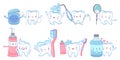 Cartoon dental care. Teeth cleaning with toothpaste and toothbrush. Dental water jet, floss and mouth rinse with tooth
