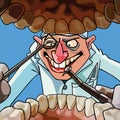 Cartoon dentist with tools looks into the open mouth