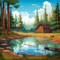 Cartoon Forest Cabin With Lake Photorealistic Painting With Nature Motifs Royalty Free Stock Photo