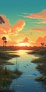 Lofi Everglades National Park Landscape: Sunset, Water, And Tropical Jungle Royalty Free Stock Photo