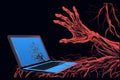 Cartoon depicts a hand extending from a laptop computer screen, symbolizing virtual interaction and a creative outreaching Royalty Free Stock Photo